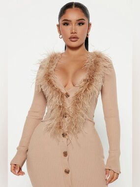 Fashion Nova Beige Feather-Trim Midi Dress